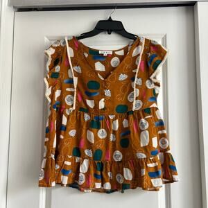 THML Abstract Geometric Print Peplum Babydoll Blouse Top M Flutter Sleeve Yellow